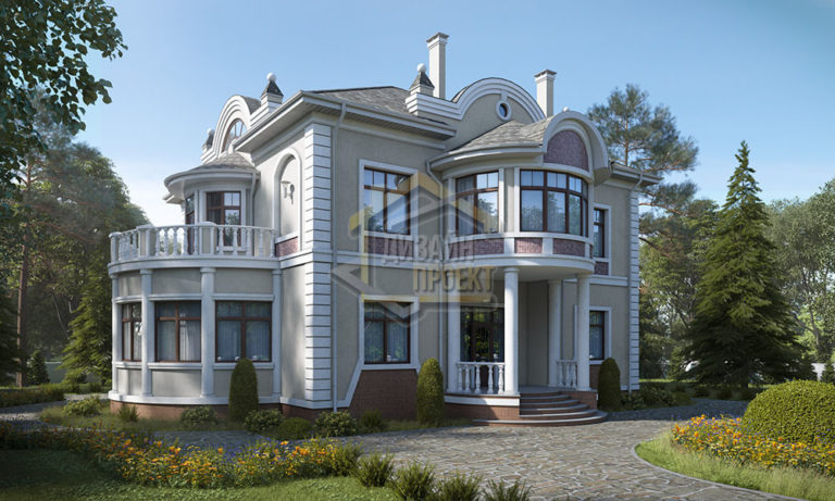 Роскошный дом в стиле модерн. Проект дома с простойной планировкой, эркером, верандой и балконом